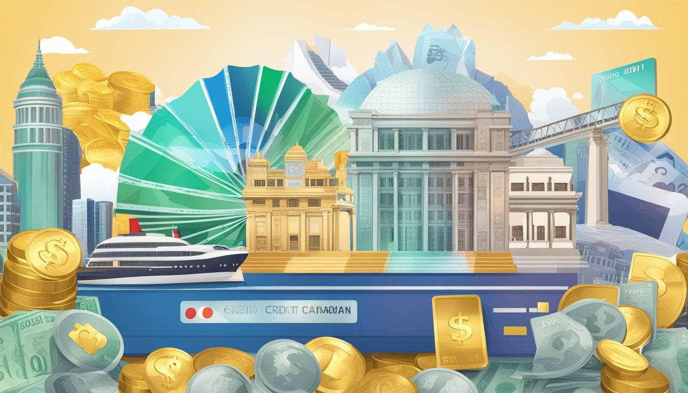 Credit cards and rewards displayed with Singaporean landmarks and currency symbols in the background