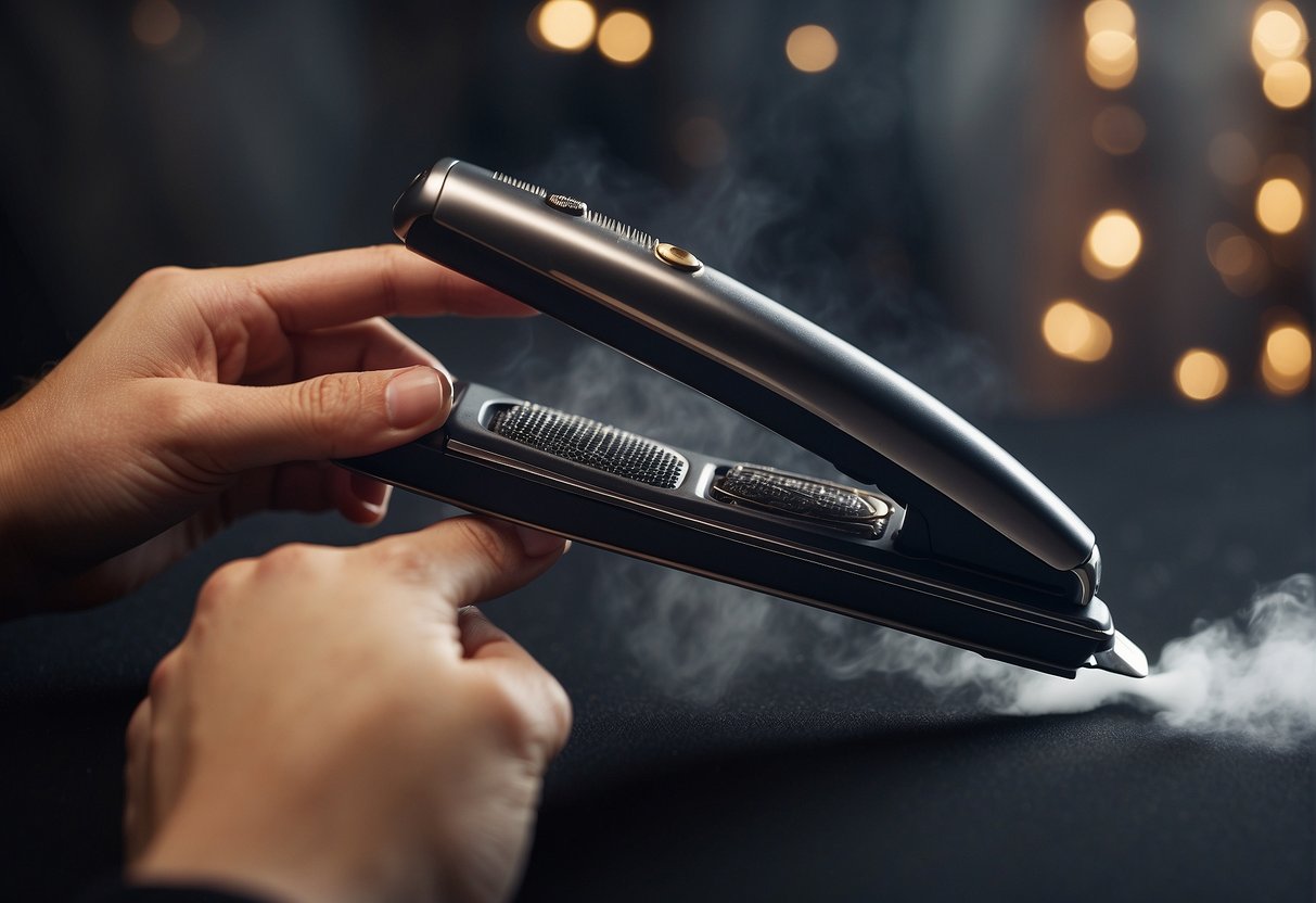 A hand holding a flat iron, with steam rising as it clamps and twists a section of hair to create curls