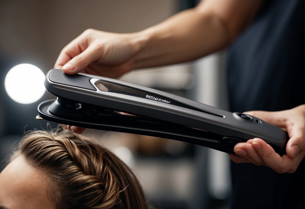 A flat iron clamping and twisting a section of hair to create curls