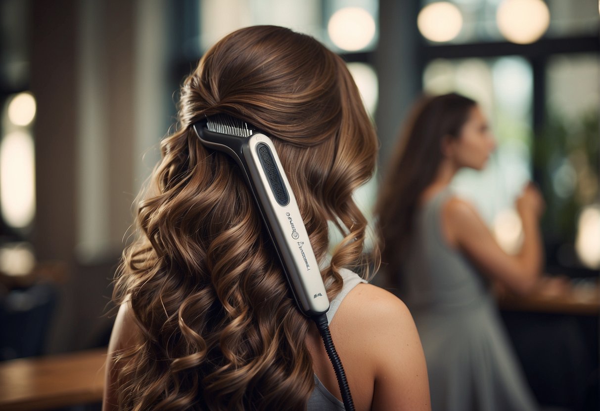 A flat iron held over hair, creating curls. Text "Frequently Asked Questions cómo rizar el pelo con la plancha" displayed nearby