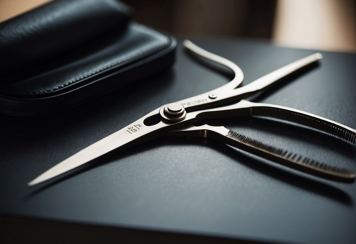 A pair of scissors cutting through a strand of hair on a flat surface, surrounded by hair cutting tools and a mirror