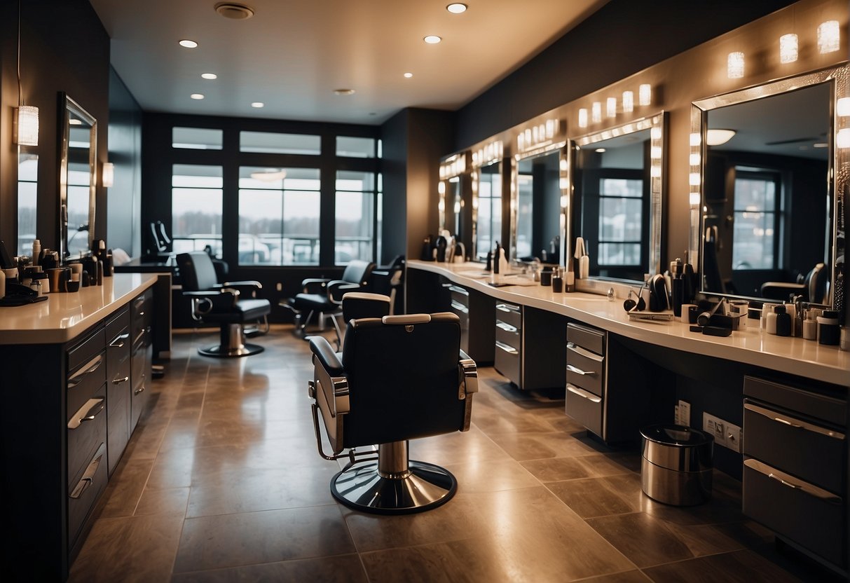 A hair salon set up with scissors, combs, and a chair for a haircut