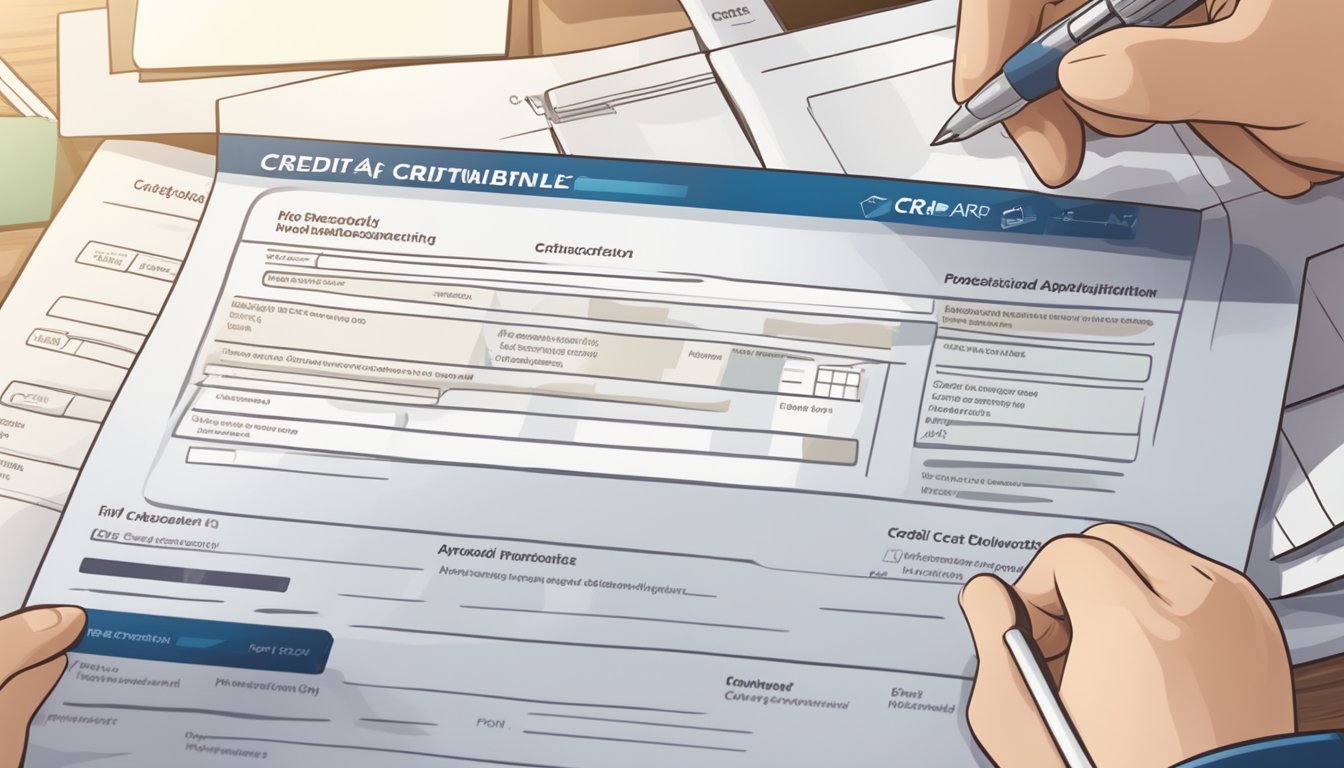 A person fills out a credit card application form with required documents and eligibility criteria listed in the background