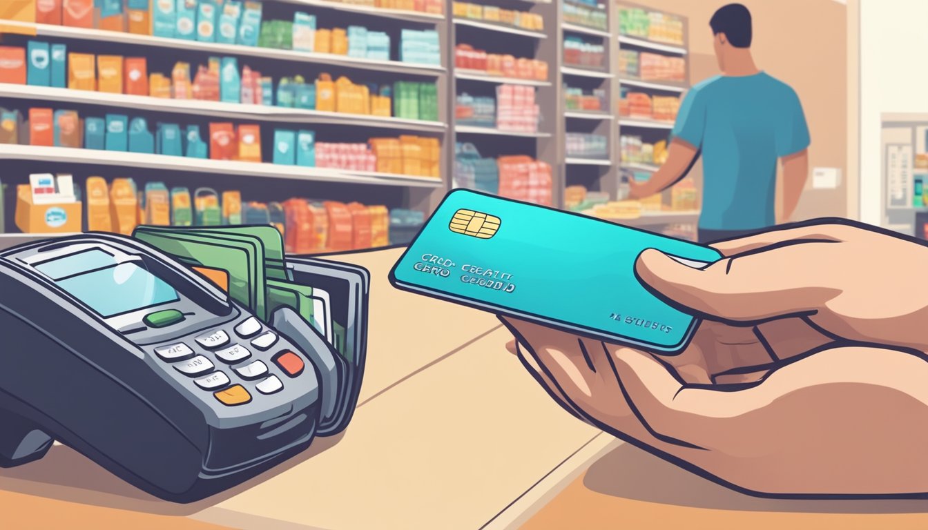 A hand holding a credit card while making a purchase at a store, with various benefits and rewards displayed in the background
