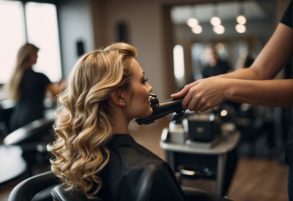 A hairstylist using a curling iron to create waves in hair