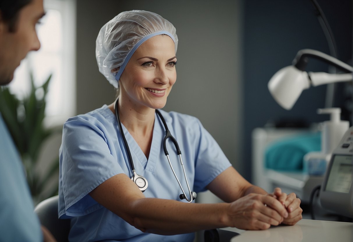 A patient receiving chemotherapy, surrounded by supportive caregivers and exploring alternative therapies to manage hair loss