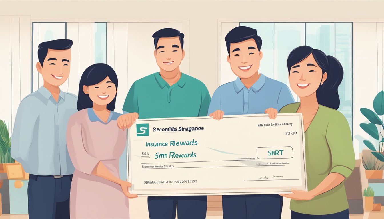 A smiling family receives a check from an insurance company, with the words "smrt rewards singapore" prominently displayed