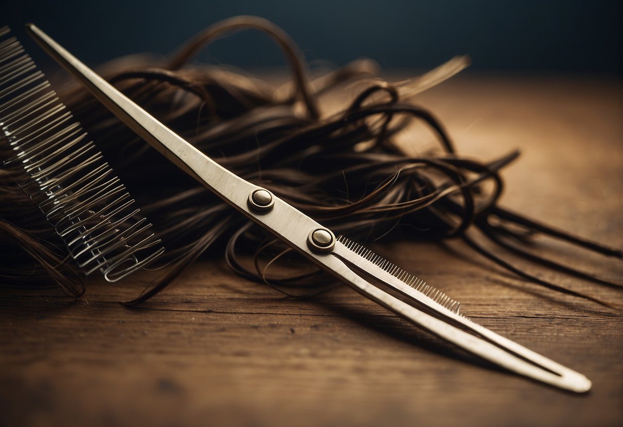 A pair of scissors cutting through a strand of hair, with a comb nearby and hair clippings on the floor