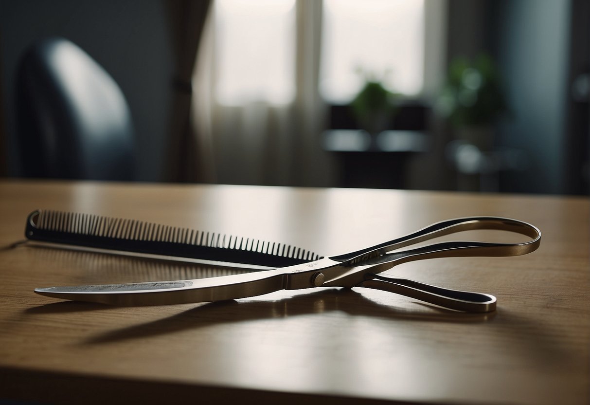 A pair of scissors, a comb, and a cape lay on a table next to a chair. A mirror reflects the room, with hair clippings scattered on the floor