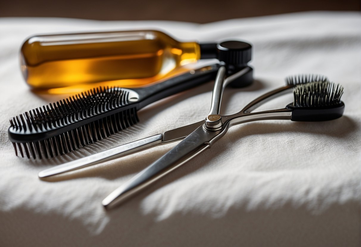 A pair of scissors and a comb lying on a clean, white towel next to a bottle of hair oil and a hairbrush