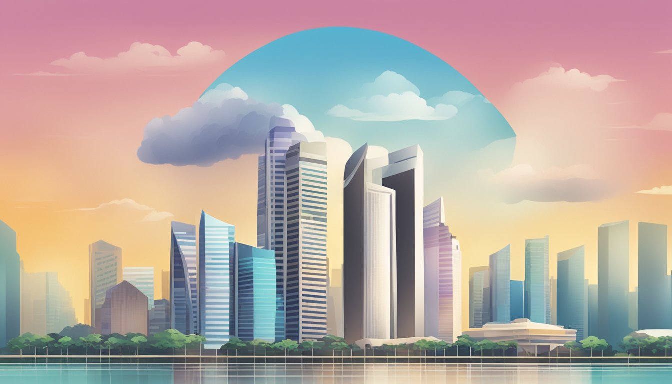 A stack of retirement account pamphlets with "special account interest rate" displayed, set against the backdrop of the Singapore skyline