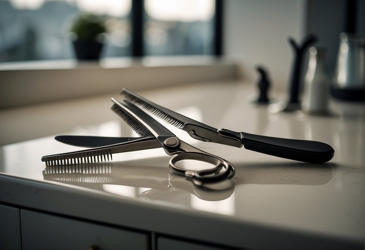 A pair of scissors and a comb lay on a clean, well-lit countertop, ready for use. A mirror reflects the empty chair, inviting someone to sit and attempt a DIY haircut