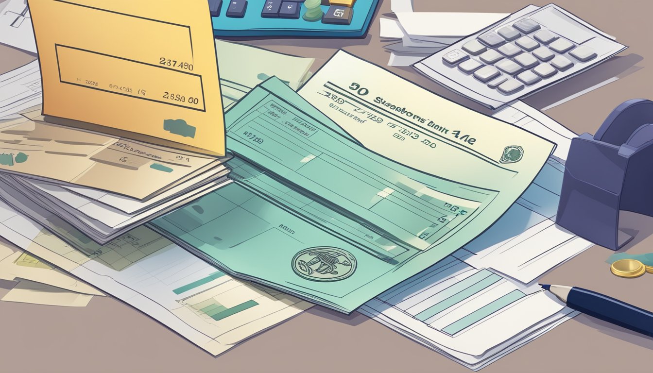 The scene depicts a bank statement showing special account interest rates in Singapore, with a graph projecting future interest rate environment