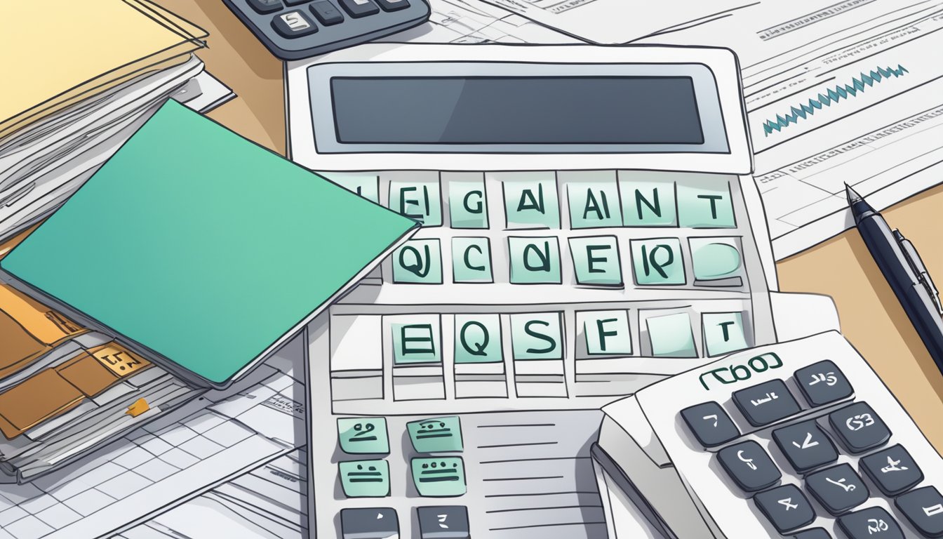 A stack of papers with "Frequently Asked Questions" and "special account interest rate Singapore" printed on them, surrounded by a calculator and a pen