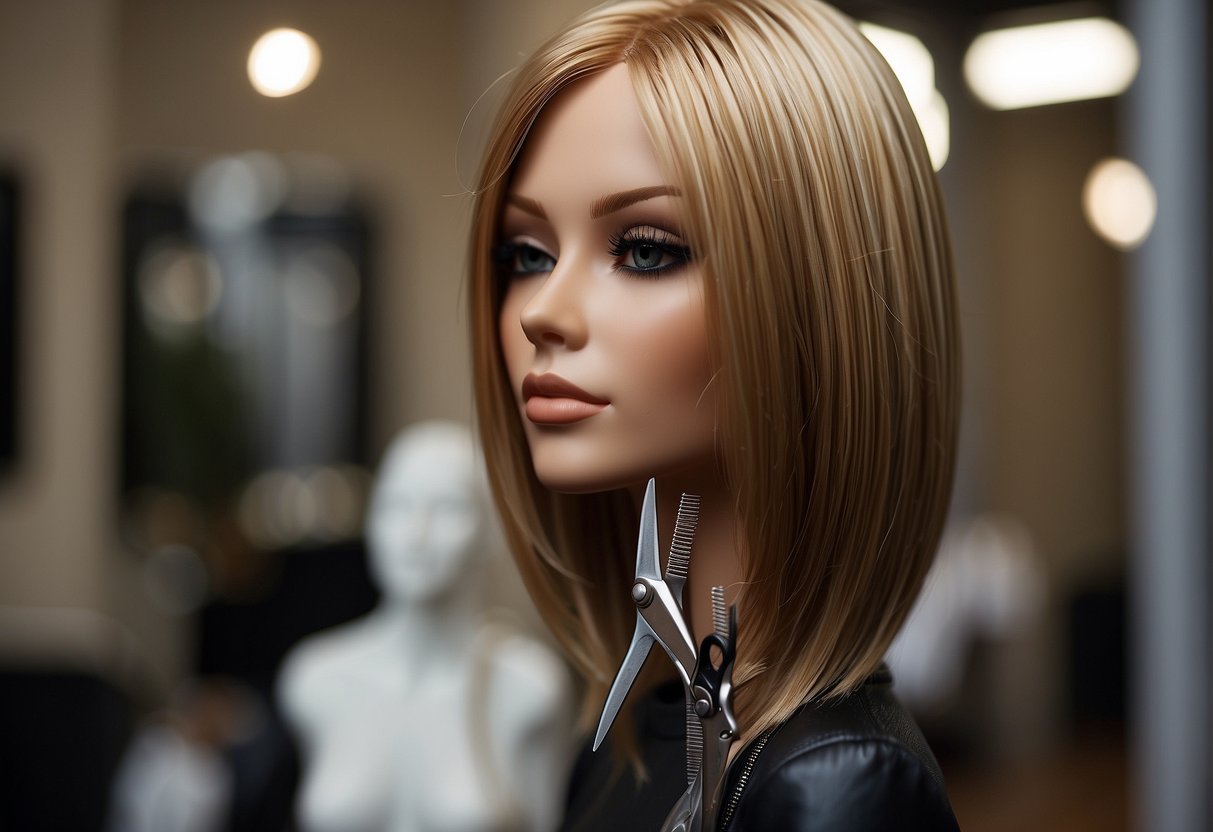 A pair of scissors cutting through layers of hair on a mannequin head