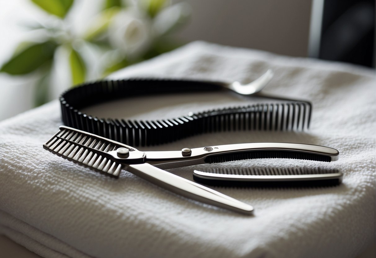 A pair of scissors, a comb, and a hair clip lay on a clean, white towel. A mirror reflects the tools, ready for a layered haircut