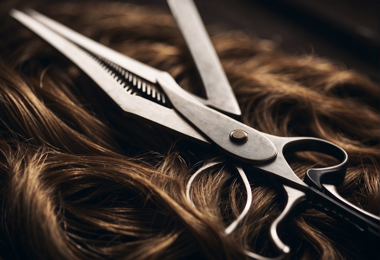 A pair of scissors cutting through layers of hair, creating a textured and dimensional effect