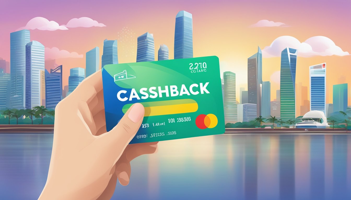 A hand holding a Spree card with a cashback sign in the background, against the Singapore skyline