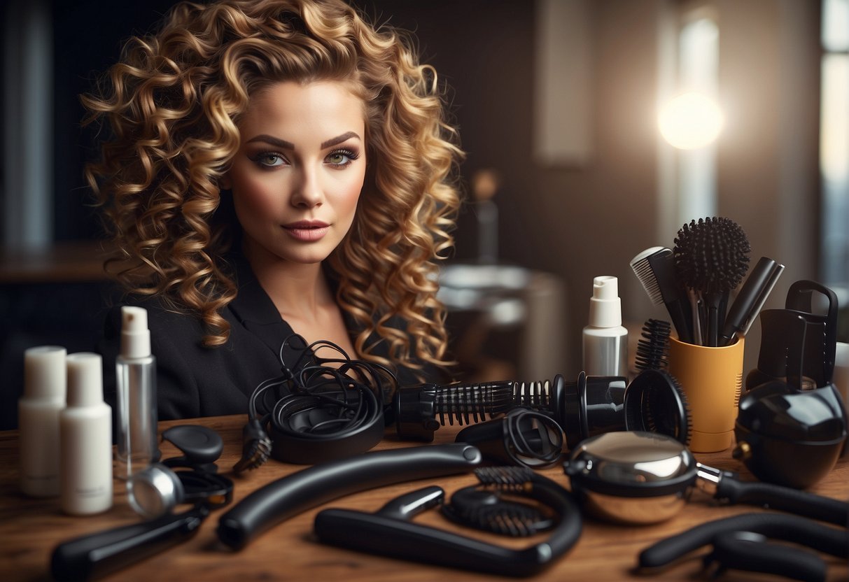 A table with various hair curling tools and products, a mirror, and a model with curly hair demonstrating the techniques