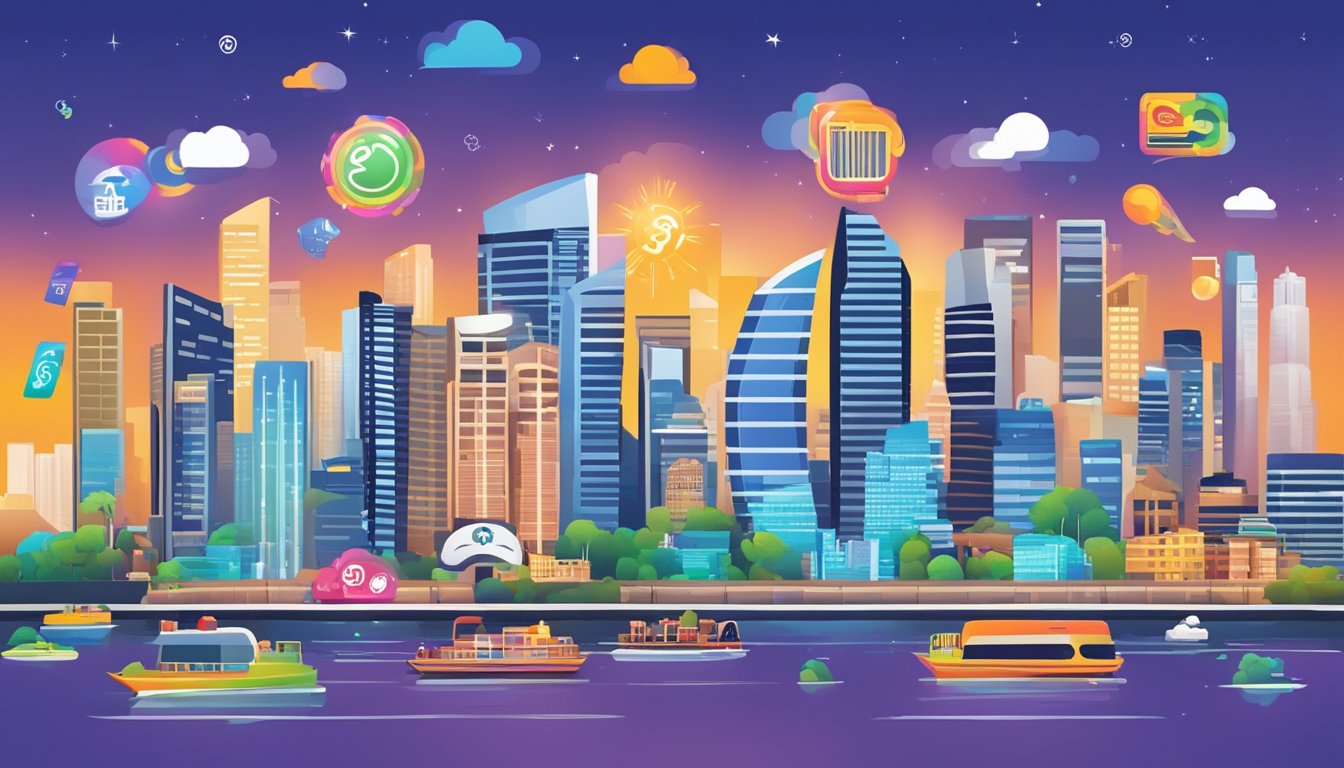 A colorful spree card surrounded by logos of partner companies, with cashback symbols and the skyline of Singapore in the background