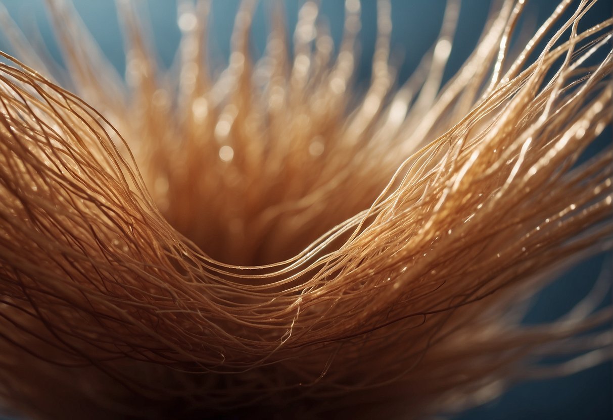 A hair follicle surrounded by blood vessels and nourishing nutrients, with a visible growth pattern and varying lengths of hair strands
