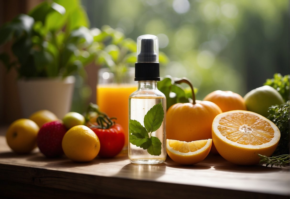 A bottle of hair growth serum surrounded by fresh fruits and vegetables, a yoga mat, and a running shoe, all bathed in natural sunlight