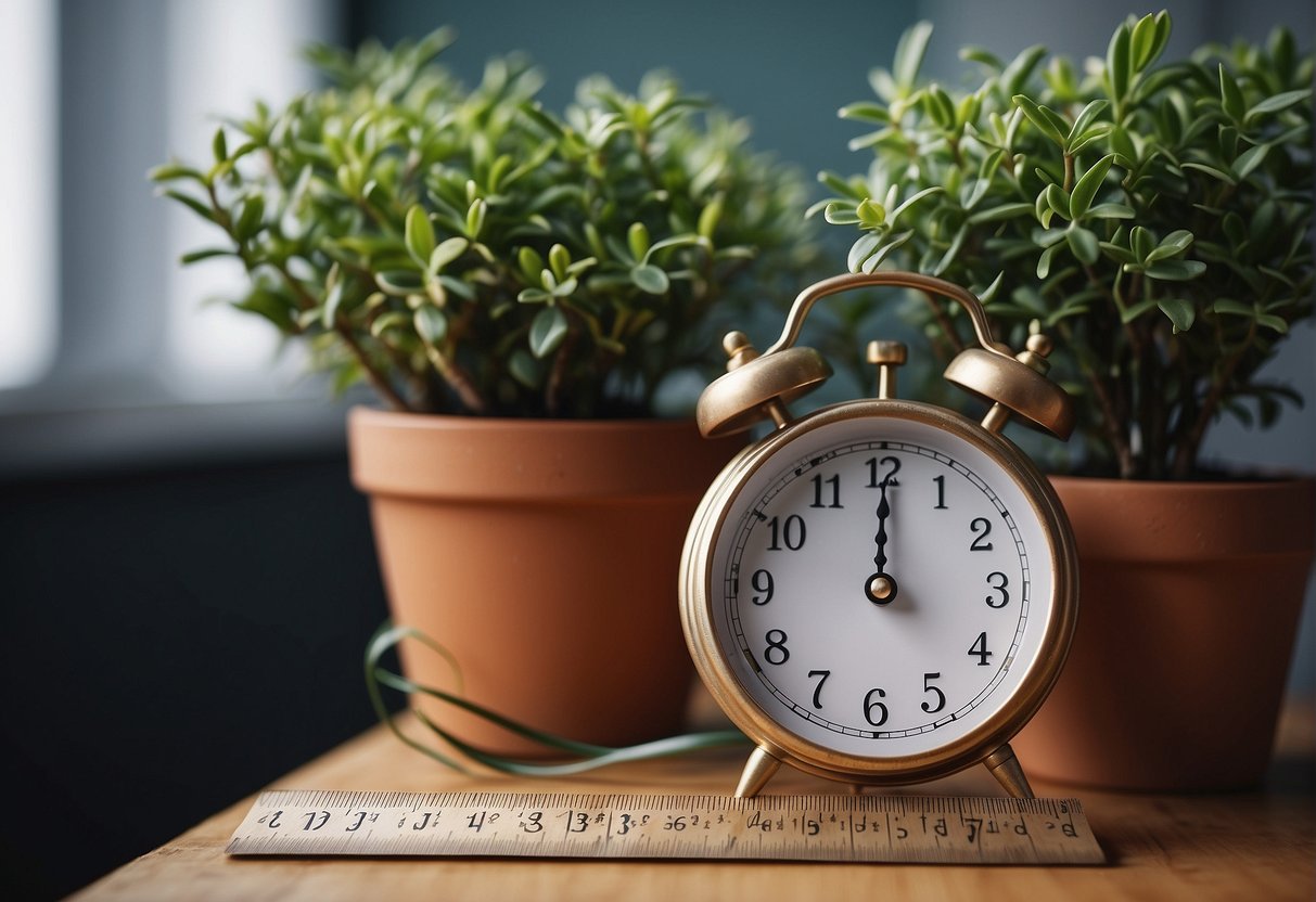 A clock ticking next to a potted plant with a ruler measuring the length of a growing strand of hair