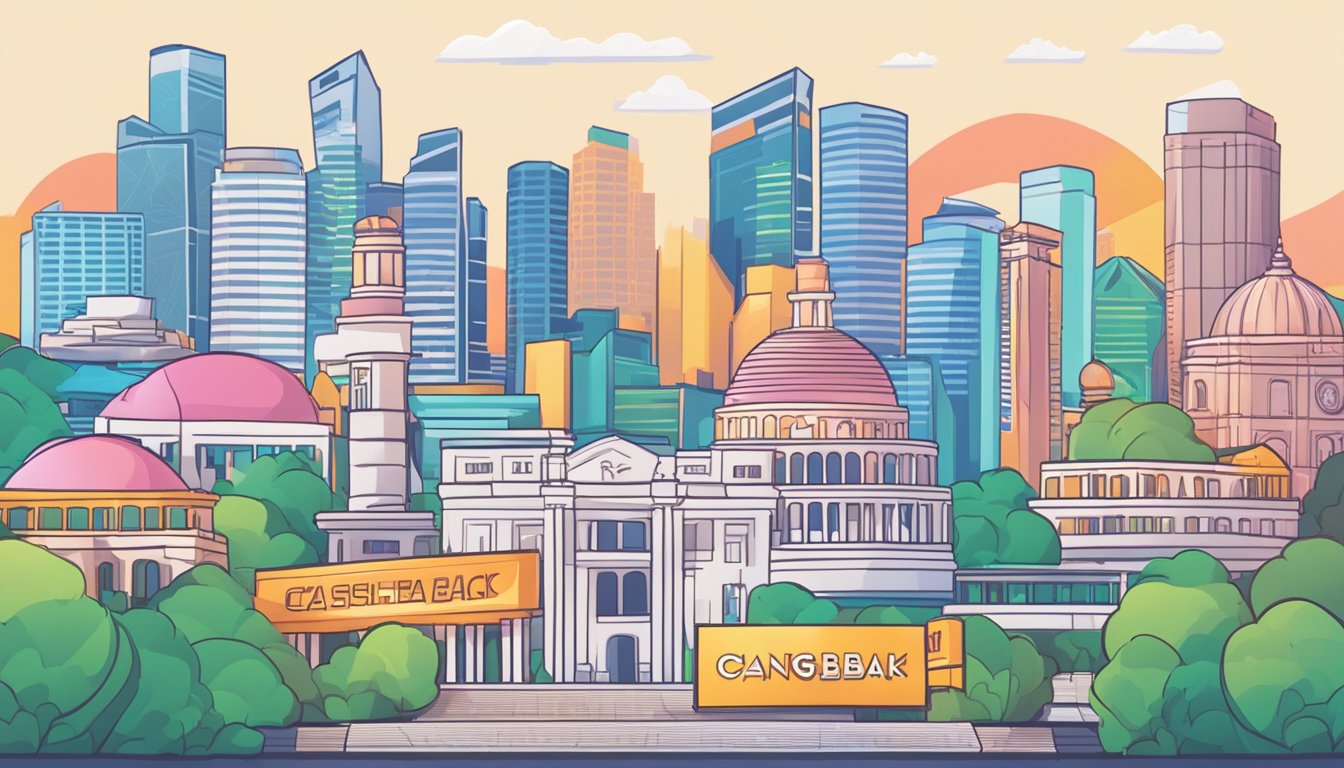 A stack of FAQ cards with a cashback logo, set against a backdrop of iconic Singapore landmarks