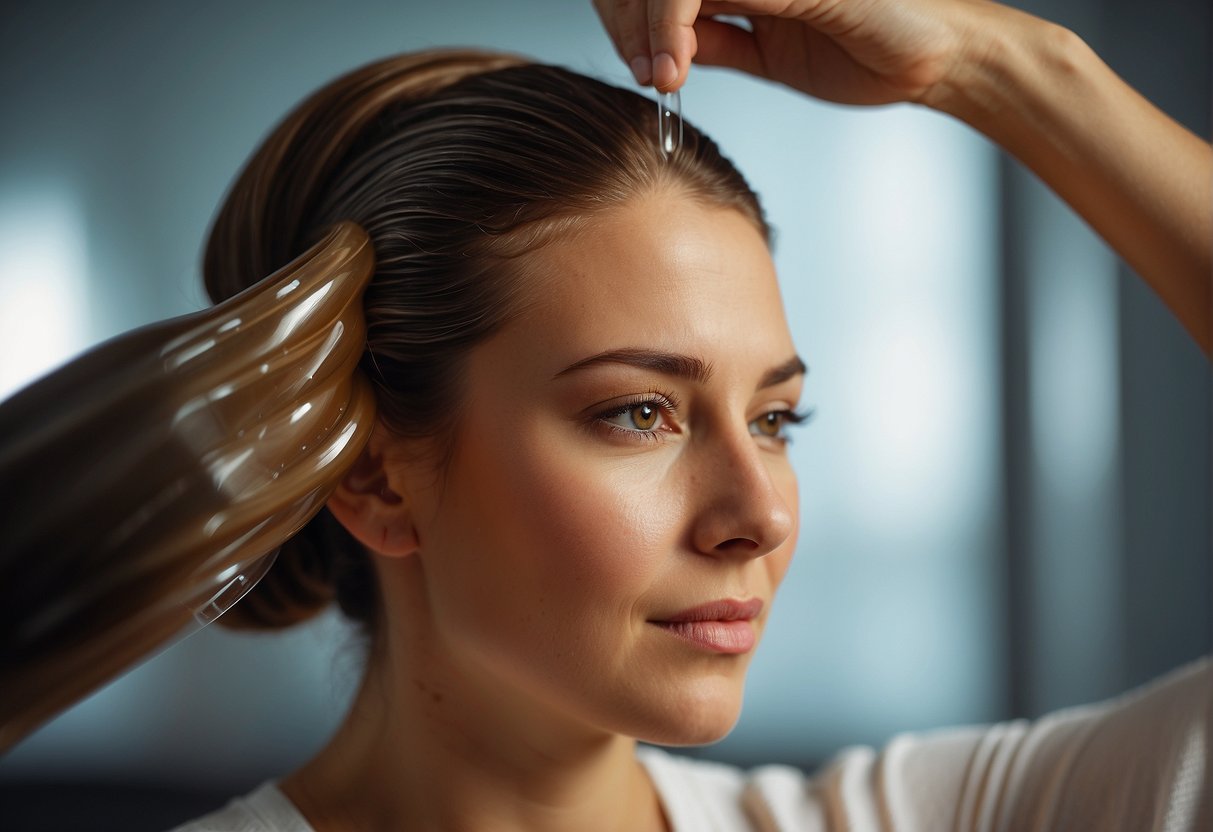 A woman's hair visibly grows longer as she applies a nourishing hair mask and massages her scalp