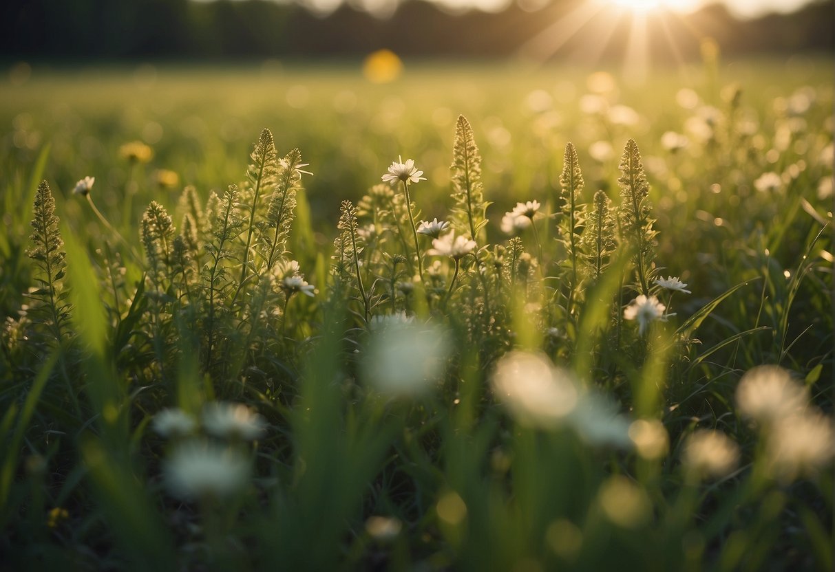A lush green field with vibrant flowers, a gentle breeze, and rays of sunlight, symbolizing the factors that affect hair growth and promote faster hair growth
