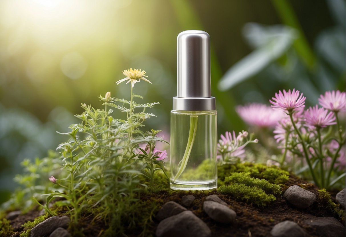 A bottle of hair growth serum surrounded by vibrant, healthy plants and flowers, symbolizing the promotion of healthy hair growth