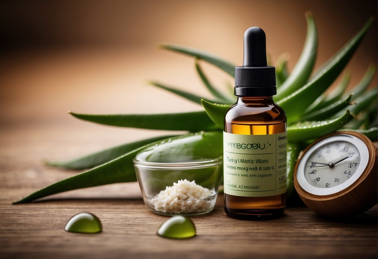 A bottle of hair growth serum surrounded by various natural ingredients like aloe vera, coconut oil, and vitamins, with a stopwatch showing time passing in the background