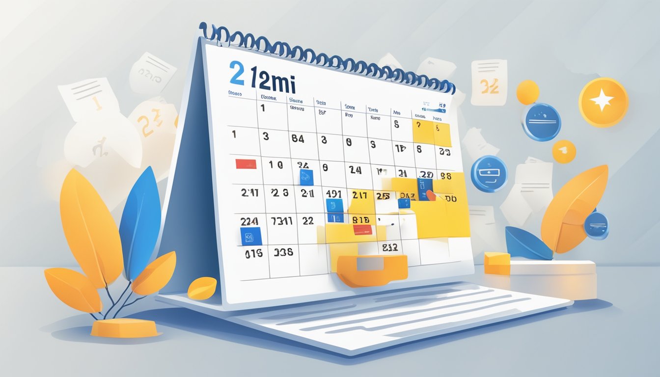 A calendar with highlighted dates and code symbols, a redemption form, and a Singaporean flag in the background