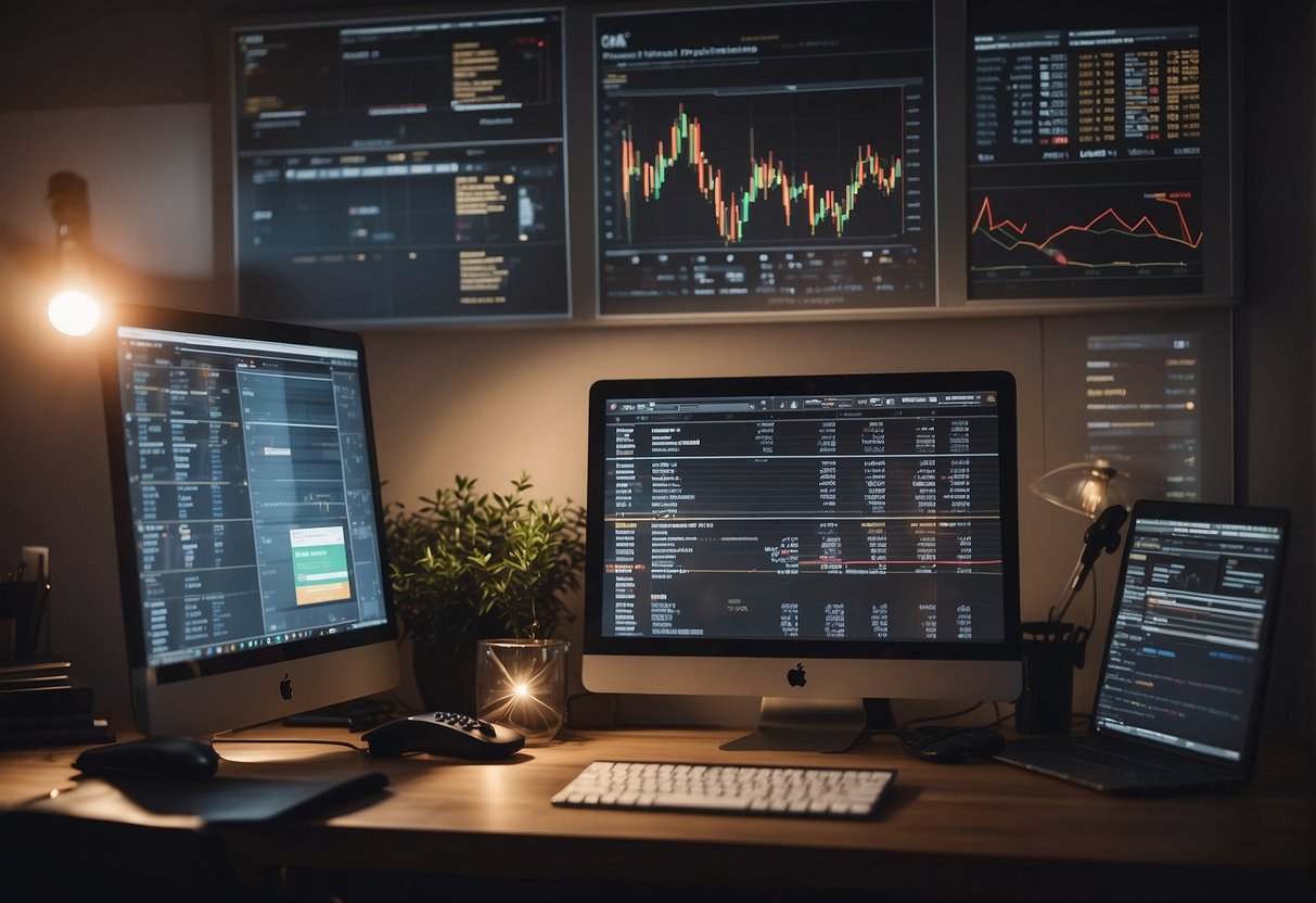 A desk with a computer, financial charts, and a list of potential stocks. A person researching and analyzing stock data