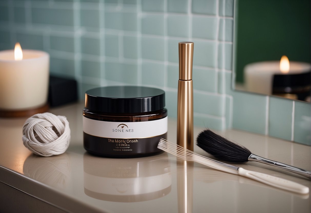 A bottle of hair growth serum sits on a bathroom counter, surrounded by scattered hair ties and a brush. A calendar on the wall marks the passing of time