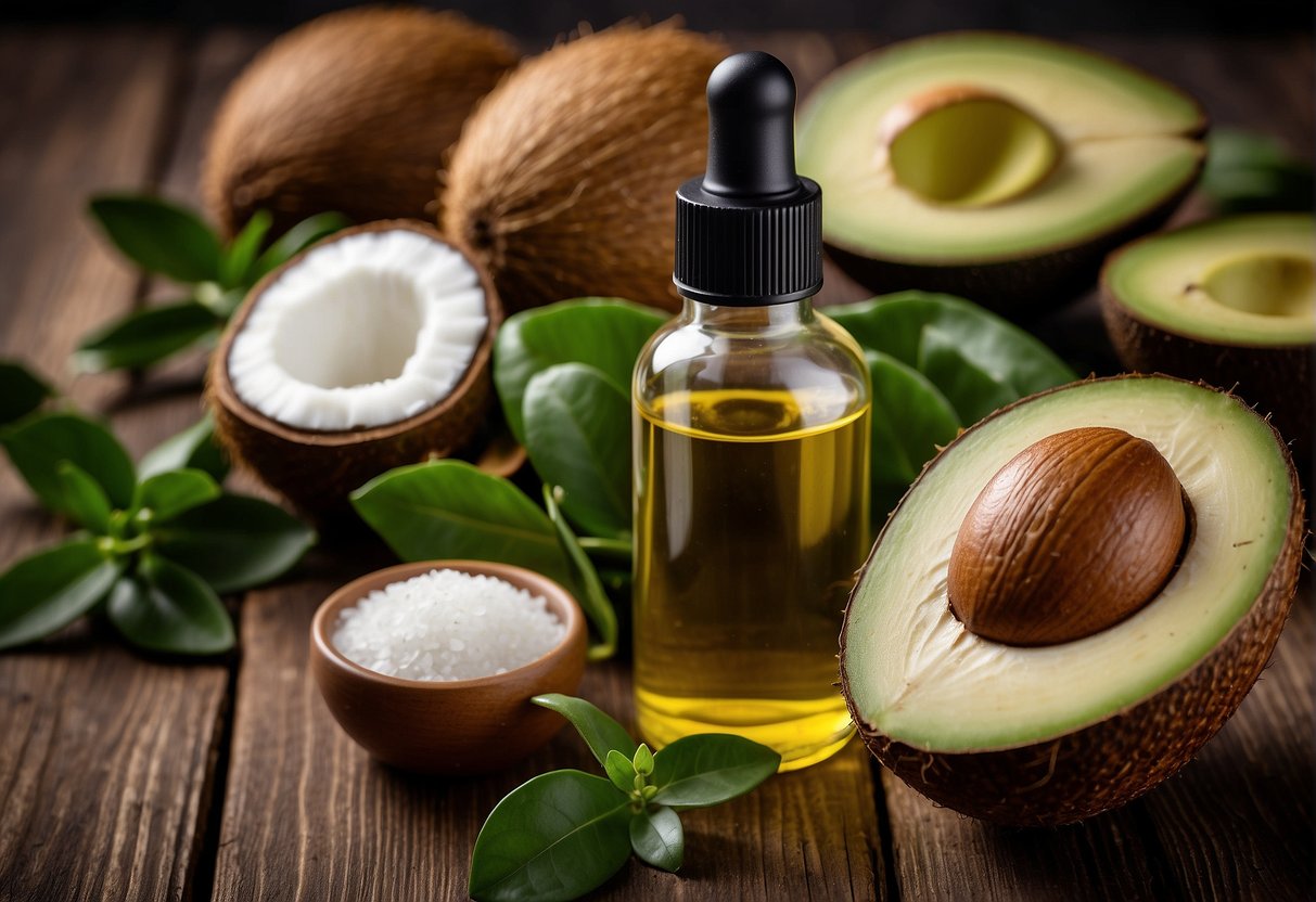 A bottle of hair growth serum surrounded by various natural ingredients like coconut oil, avocado, and aloe vera