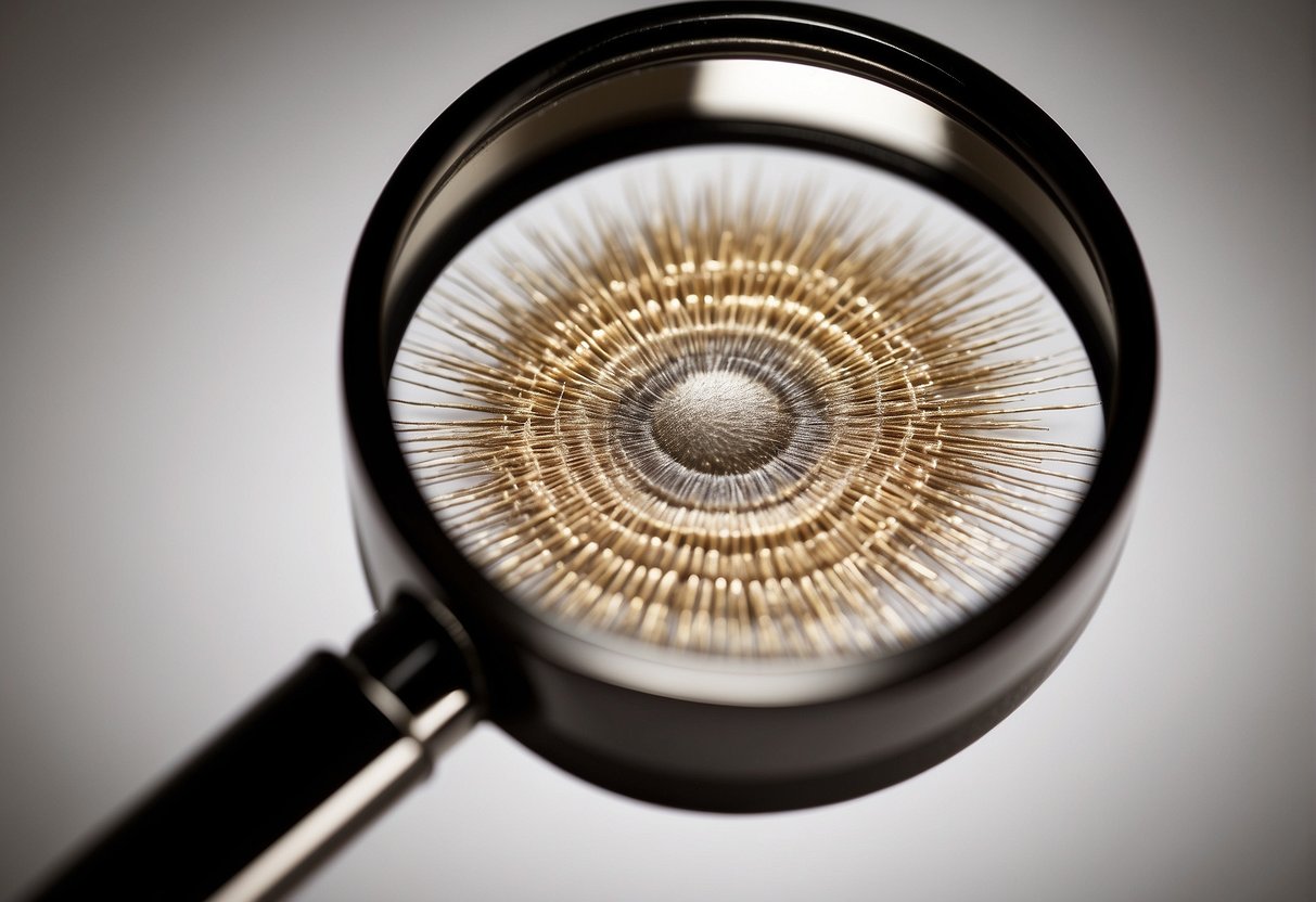 A magnifying glass zooms in on a hair follicle, showing the factors affecting hair growth and measuring the monthly growth rate