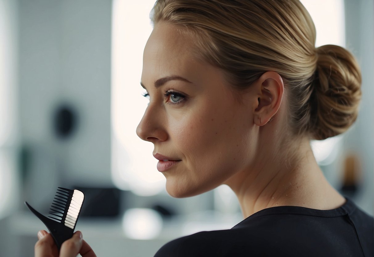 A person applies hair smoothing serum, then uses a wide-tooth comb to gently detangle and smooth hair from root to tip