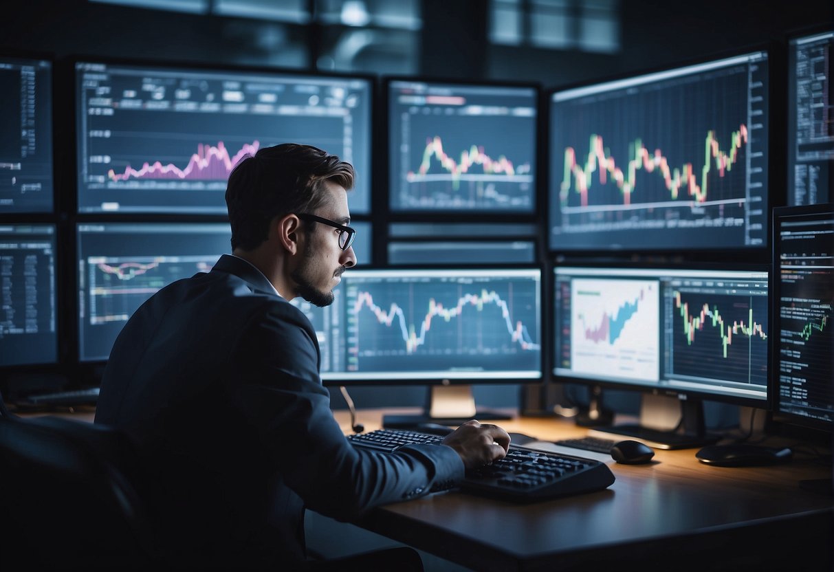 A person researching stocks, surrounded by financial charts and data, with a focused expression