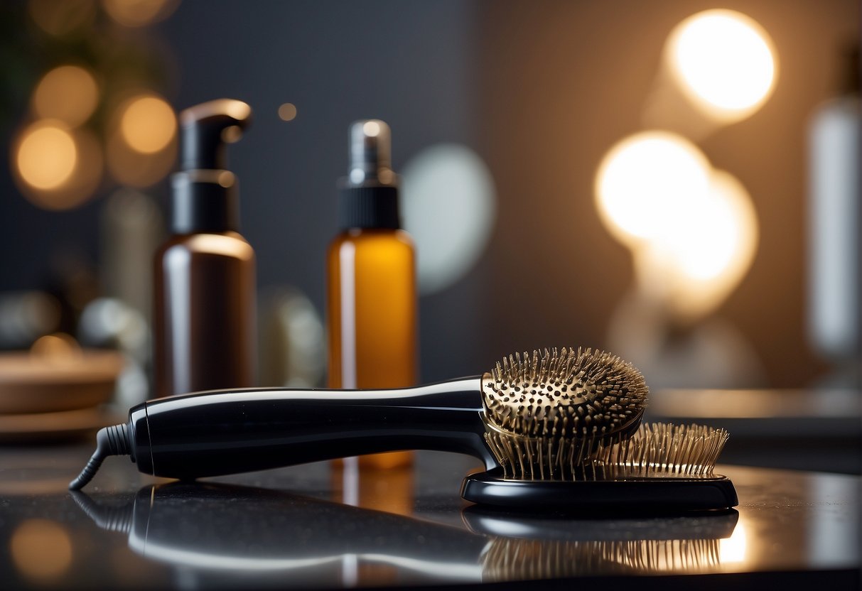 A hairbrush glides through sleek, straight hair. A bottle of smoothing serum sits on the counter. A hairdryer blows warm air as it styles the hair