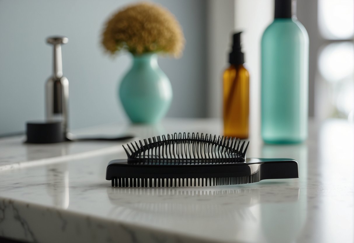 A bottle of hair smoothing serum sits next to a wide-tooth comb on a clean, white countertop. A soft, silk scarf is draped nearby