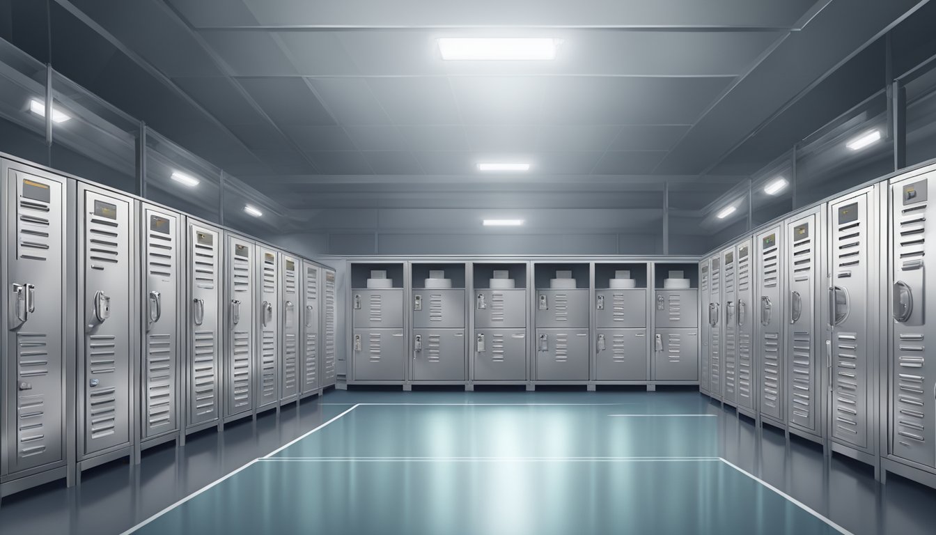 Rows of metallic stadium lockers in a spacious, well-lit room with numbered compartments and secure locking mechanisms