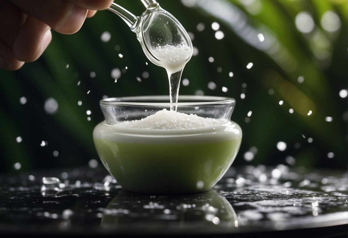 A bottle of anti-dandruff shampoo being poured onto a palm-sized amount of hair, with small white flakes falling off