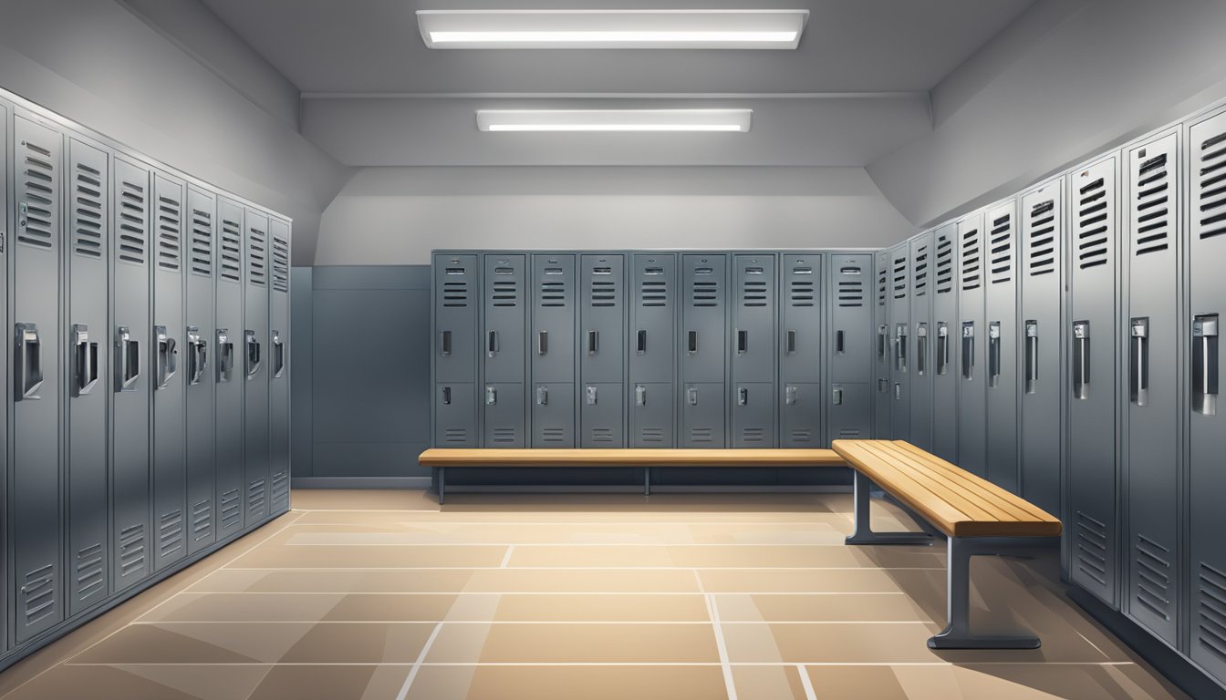 Locker facilities at Key Sports Venues stadium. Rows of metal lockers with digital keypad locks and wooden benches. Bright lighting and clean floors