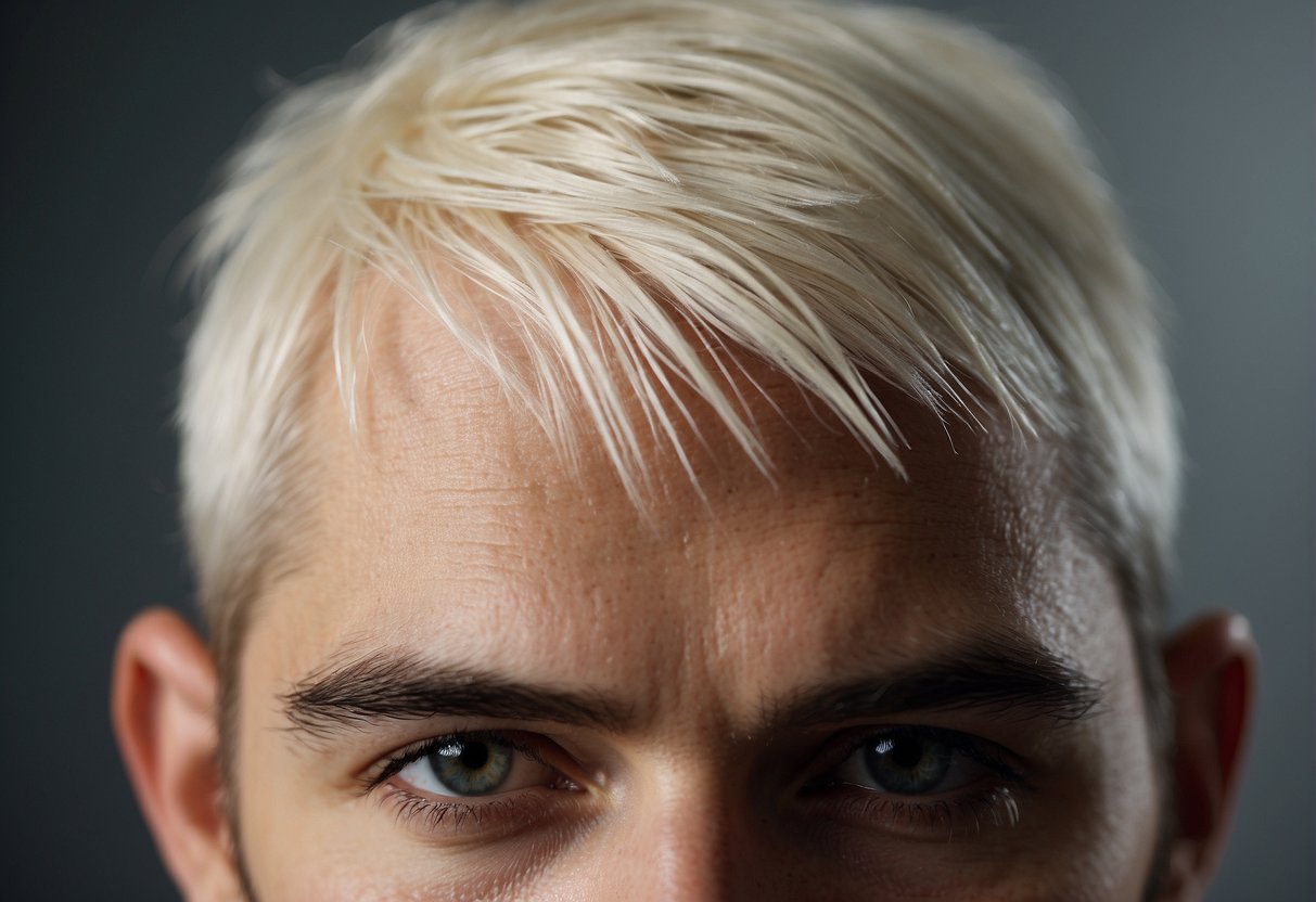 A close-up of a scalp with visible flaky white skin, surrounded by hair. The scalp appears irritated and inflamed