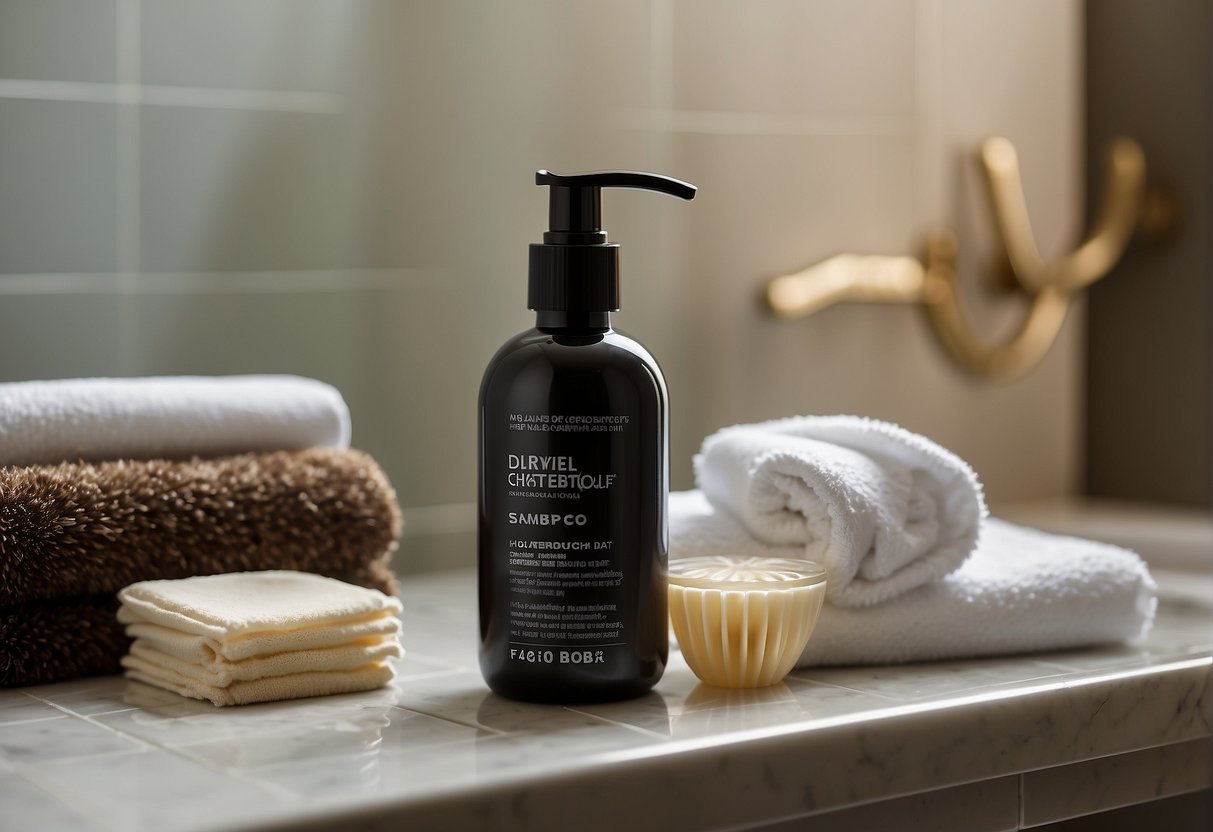 A bottle of anti-dandruff shampoo sits on a bathroom shelf next to a comb and a towel. A few loose flakes of dandruff are scattered on the floor