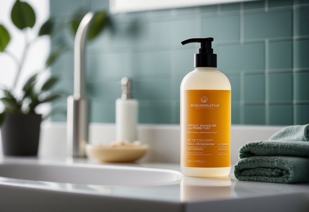 A bottle of anti-dandruff shampoo sits on a clean, white bathroom counter with a soft towel draped over the edge