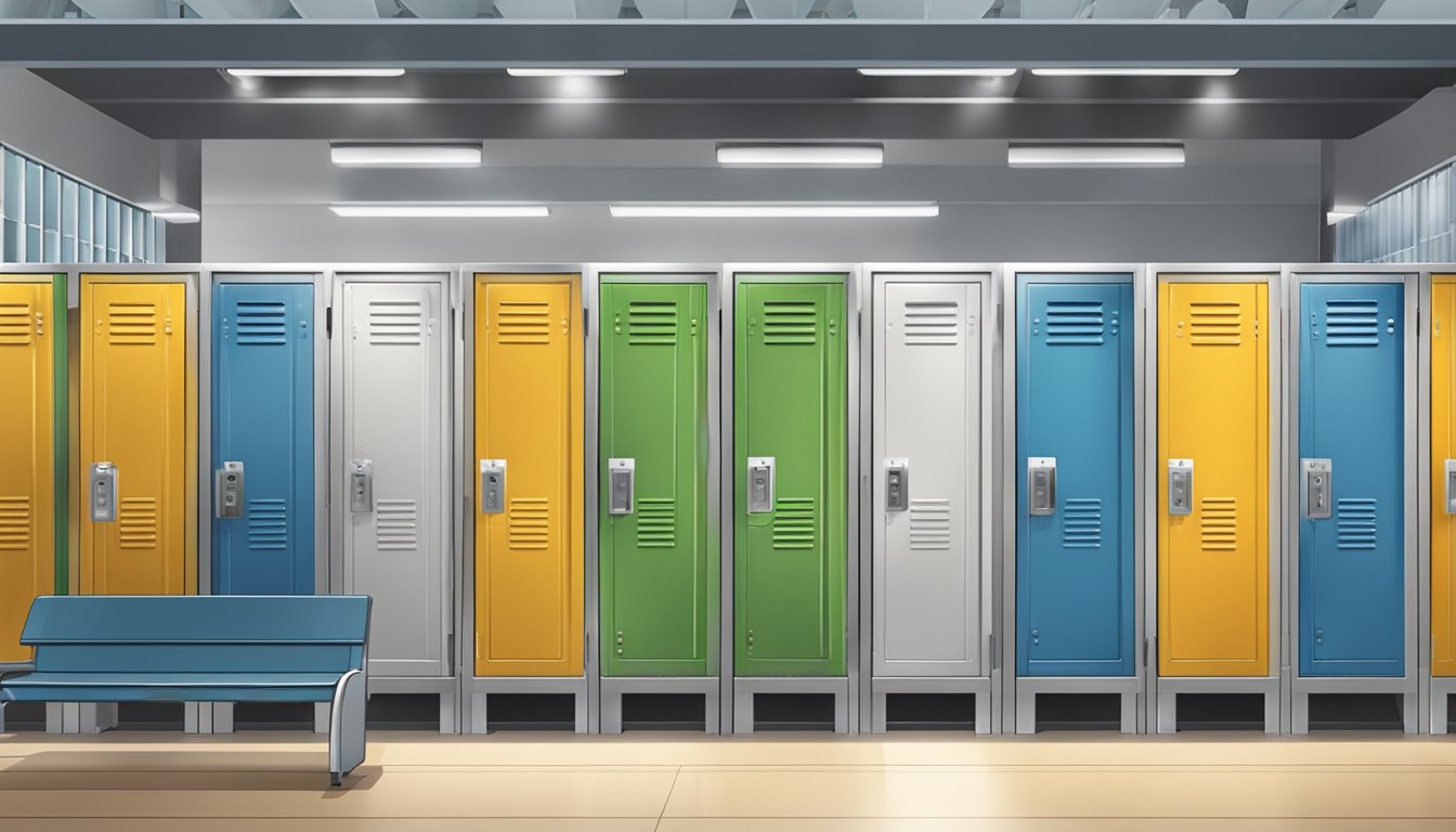 A row of stadium lockers in Singapore, surrounded by entertainment and leisure amenities