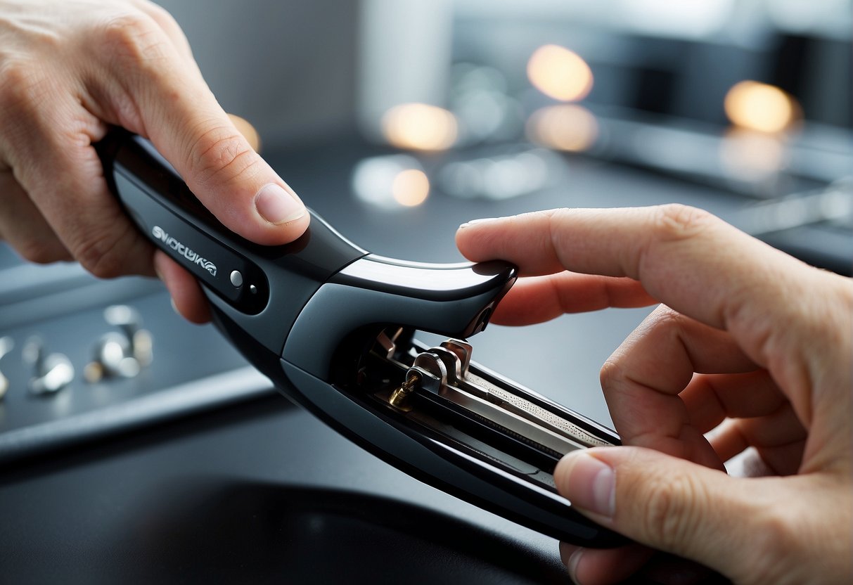 A hand holding a hair straightener, with a strand of hair being curled around the heated plates