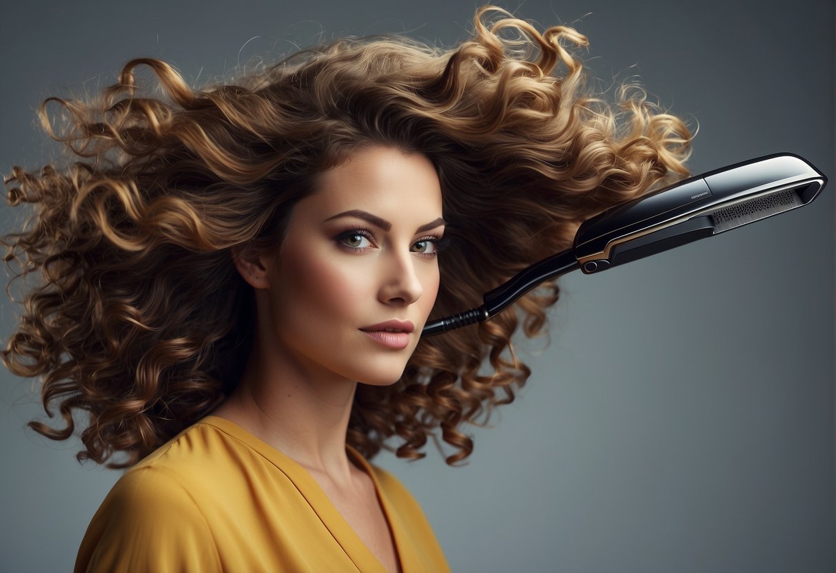 A flat iron hovering over curly hair, creating smooth waves